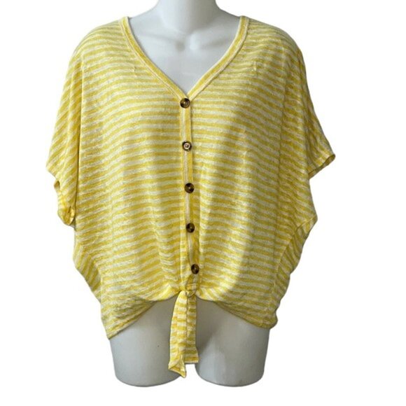 a.n.a Women's Yellow Striped Faux Button Down Tie Front Dolman Sleeve Top NWOT - Picture 1 of 8